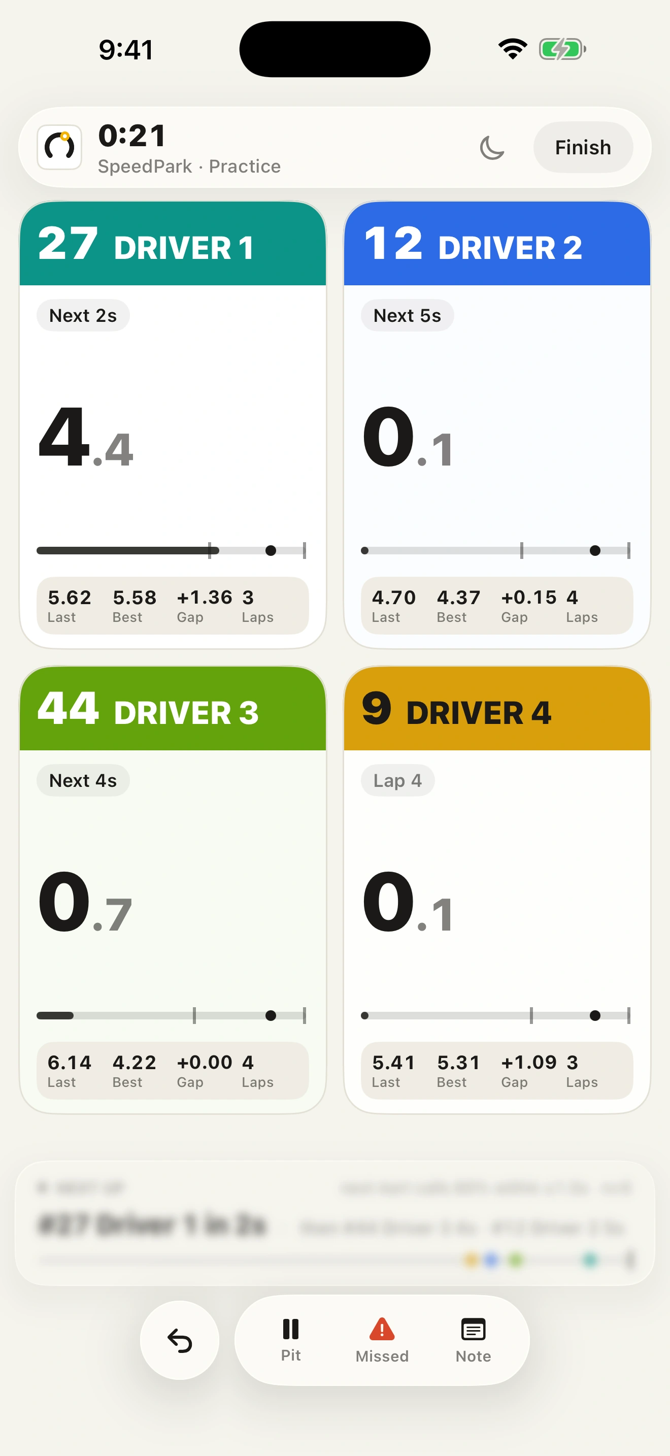 KartPace Timer showing four drivers in a live timing grid