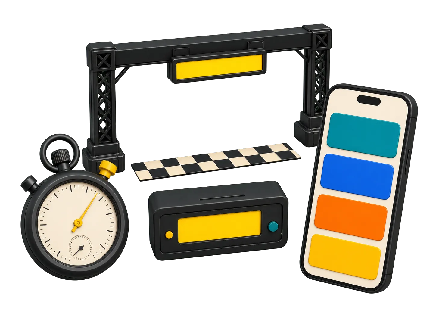 Stylized trackside timing tools including a stopwatch, lap display, timing gantry, and multi-driver phone