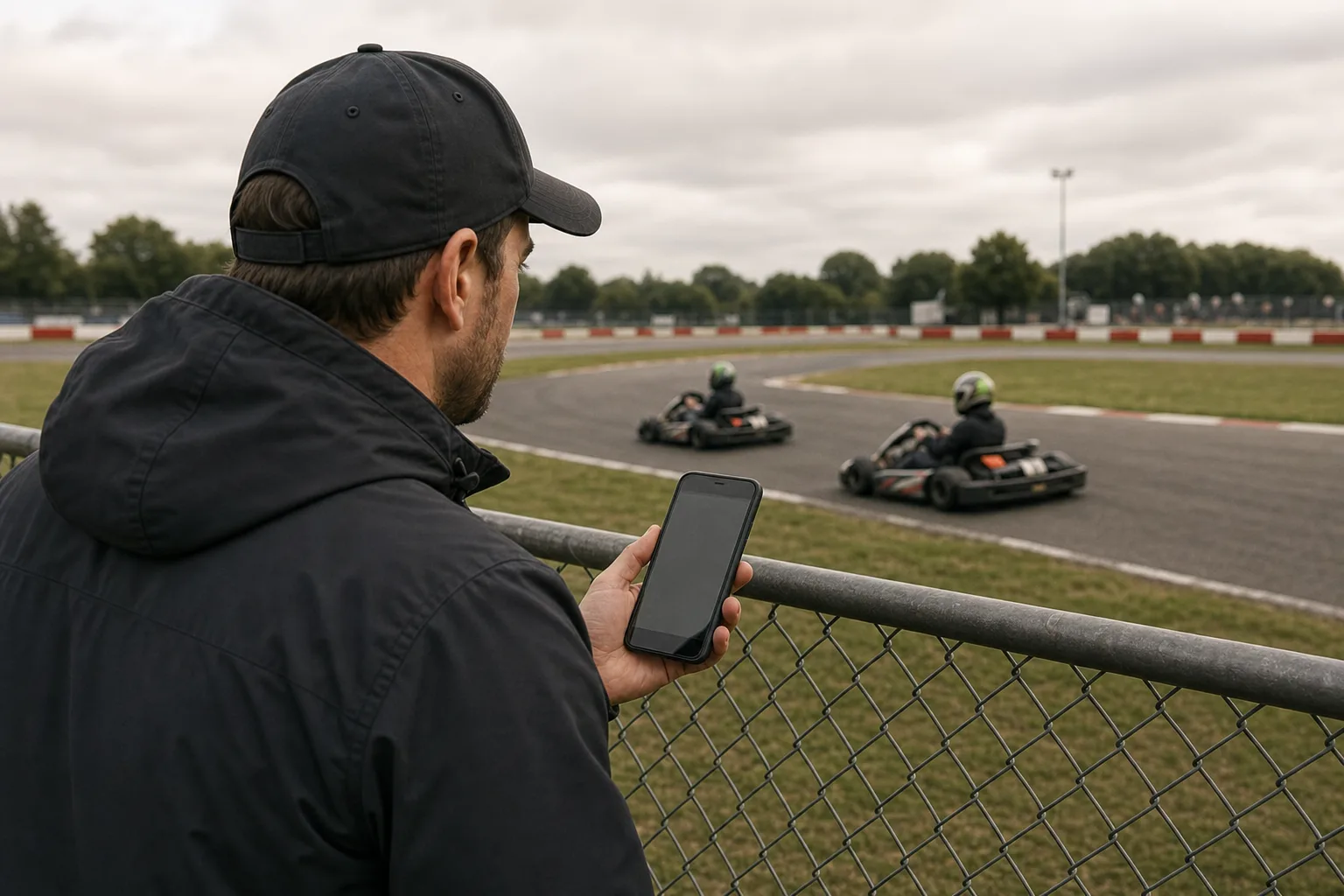A coach timing two go-karts from a phone at the track fence